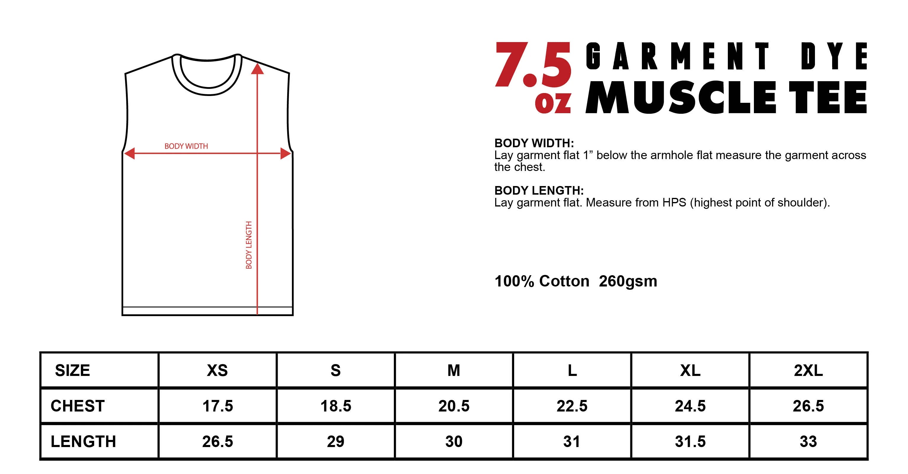 7.5oz Garment Dye Muscle Tee size chart