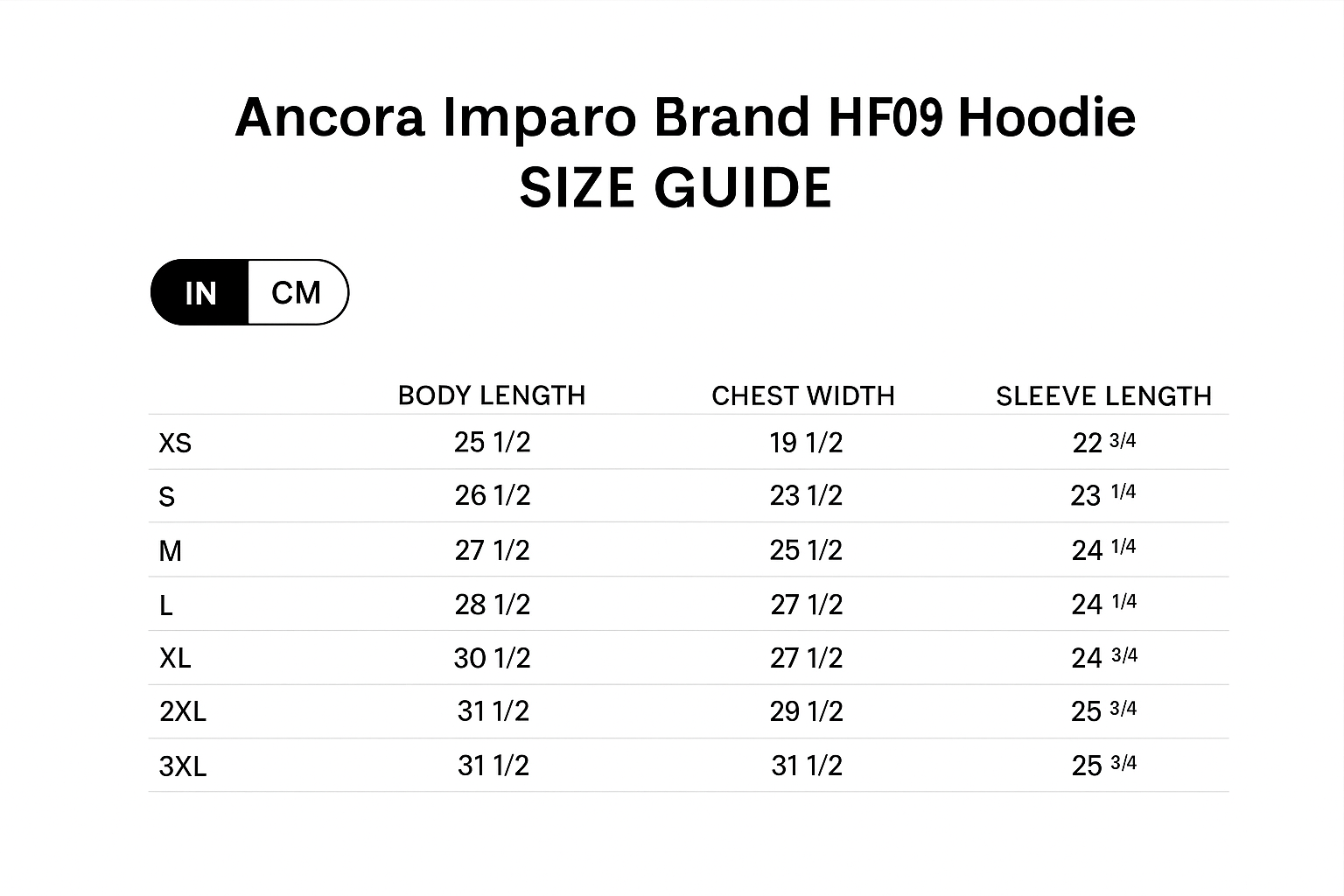 HF09 Hoodie size chart