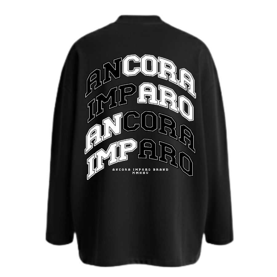 ANCORA IMPARO COLLEGIATE LONGSLEEVE TEE IN BLACK - "Still I Learn / Still I Rise / Earn Every Inch"