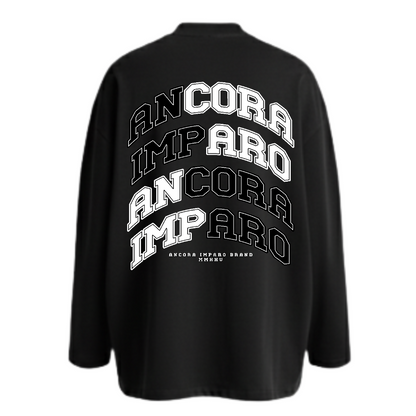 ANCORA IMPARO COLLEGIATE LONGSLEEVE TEE IN BLACK - "Still I Learn / Still I Rise / Earn Every Inch"