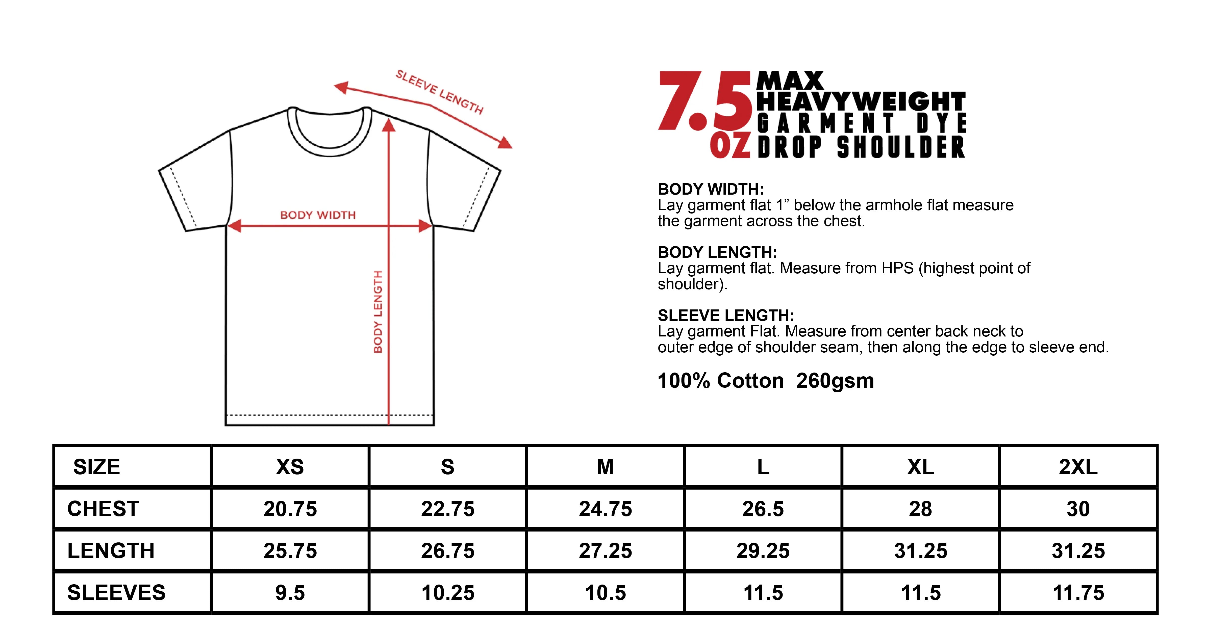 Drop Shoulder Tees size chart